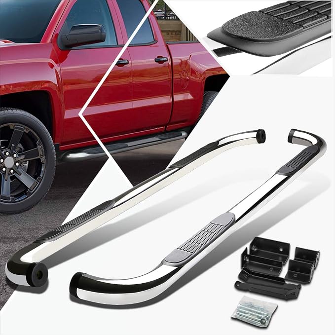3" Running Boards Steps Bars Compatible with 1999-2019 Chevy Silverado GMC Sierra 1500 2500HD 3500HD, 2019 Chevy Silverado 1500 LD, Chrome Stainless Round Nerf Bars, Extended Cab