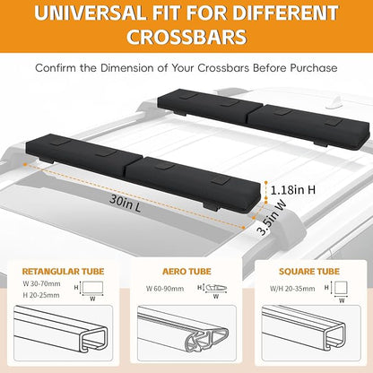Universal Soft Roof Rack Pads for Kayak SUP Surfboard Snowboard Canoe, Heavy Duty Car Roof Rack System with 2 Tie Down Straps, 4 Quick Loop Straps, 2 Hood Loops, Tie Down Ropes and Storage Bag