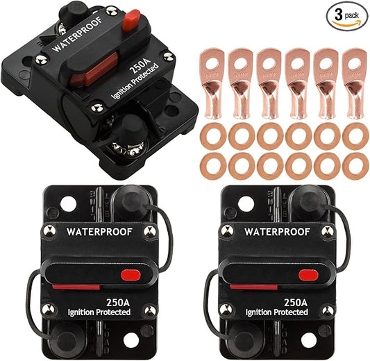 3 Pack 250A Circuit Breaker Manual Reset Fuse Holder for Car Audio and Amps Protection 12V-48V DC Reset Fuse