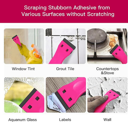 DEKEones Plastic Razor Blade Scraper, 2 Pack Razor Scraper with 100 Pcs Razor Blades for Removing Glue, Sticker, Decals, Tint from Car Window and Glass(Pink)
