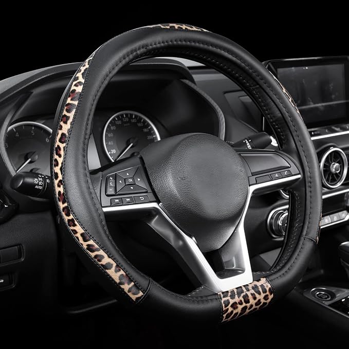 Road Comforts Steering Wheel Cover - Flat Bottom Wheel Cover Made with PVC Leather and Leopard Fabric - Universal Fit for 15-Inch D-Shaped Automotive Steering Wheels (Black Color)