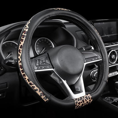 Road Comforts Steering Wheel Cover - Flat Bottom Wheel Cover Made with PVC Leather and Leopard Fabric - Universal Fit for 15-Inch D-Shaped Automotive Steering Wheels (Black Color)