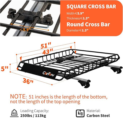 Roof Rack Basket 51″ X 36″ X 5″ Upgraded Universal Rooftop Cargo Basket, Heavy Duty 250LB Cargo Basket Car Roof Basket for SUV, Truck, Cargo Net with Attachment Hooks, 2pcs Ratchet Straps