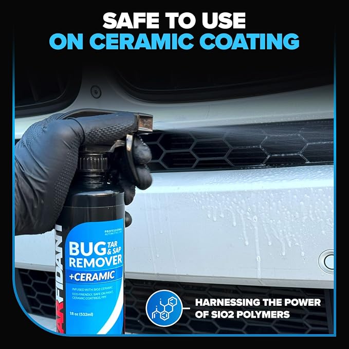 Carfidant Bug Remover for Cars Exterior - Car Bug Cleaner Spray with Ceramic Coating - Removes Bug Splatter & Bird Poop - Safe on Paint, Glass, Plastic, Metal - Windshield Pre Wash - 18 fl oz + Sponge