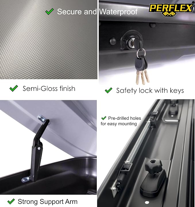 Perflex Exclusive Rooftop Cargo Box Carrier Large 17.7 Cubic Feet Car Top Mount Travel Luggage Storage, Dual Side Opening, 130 Lbs Weight Capacity, Extra Keys, Straps (Silver)