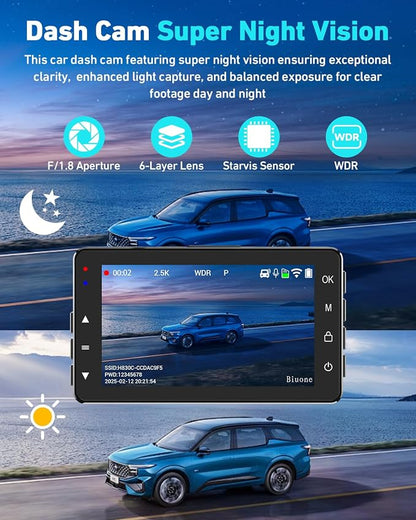Dash Cam Front and Rear, 2.5K Dual Dash Camera for Cars W/ 64GB Card,3" IPS Screen Dash Cam Built-in 5G WIFI, Car Camera with G-Sensor, Loop Recording, Night Vision, 24H Parking Monitor,170°Wide Angle