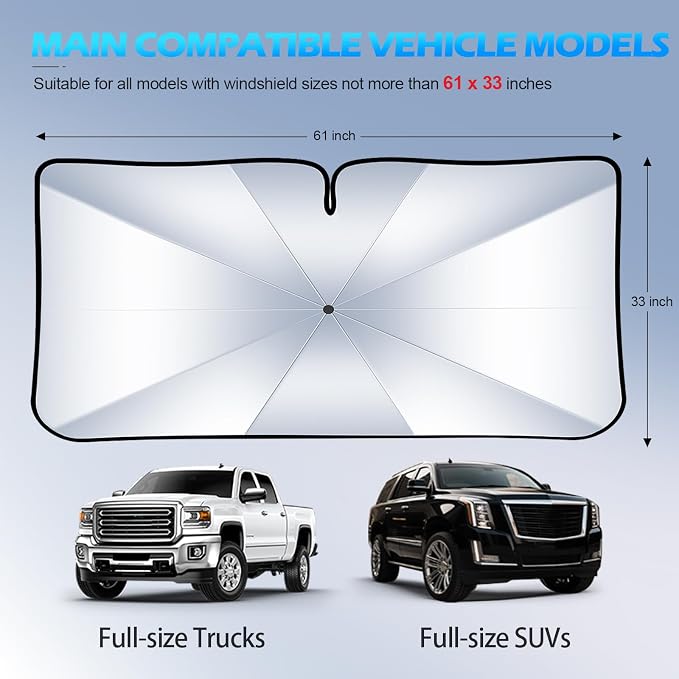 [2026 Upgrade] FLORICH Windshield Sunshade Umbrella Foldable Car Windshield Sun Shade Cover Protect Interior from UV Keep Car Cooler Foldable Large(61" L x 33" W)