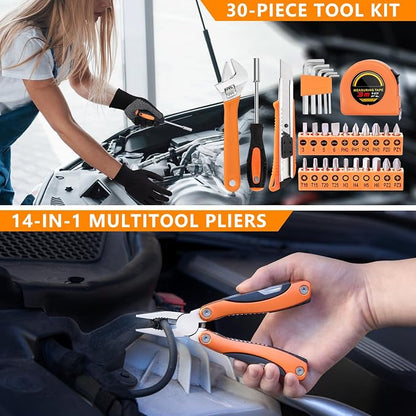 Car Emergency Kit with Portable Air Compressor - Roadside Assistance Emergency Kit with Jumper Cables, First Aid Kit, Auto Tool Set, Winter Safety Kit for Women, Men, Teen (Orange)