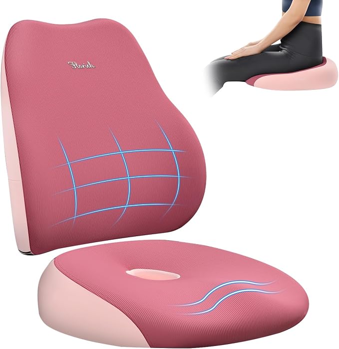 FLORICH Large Car Seat Cushion and Lumbar Support Pillow, Ergonomic Memory Foam Driving Seat Cushion for Back & Sciatica Pain Relief, Non-Slip Washable Seat Cushion for Car, Driver, Office-Pink