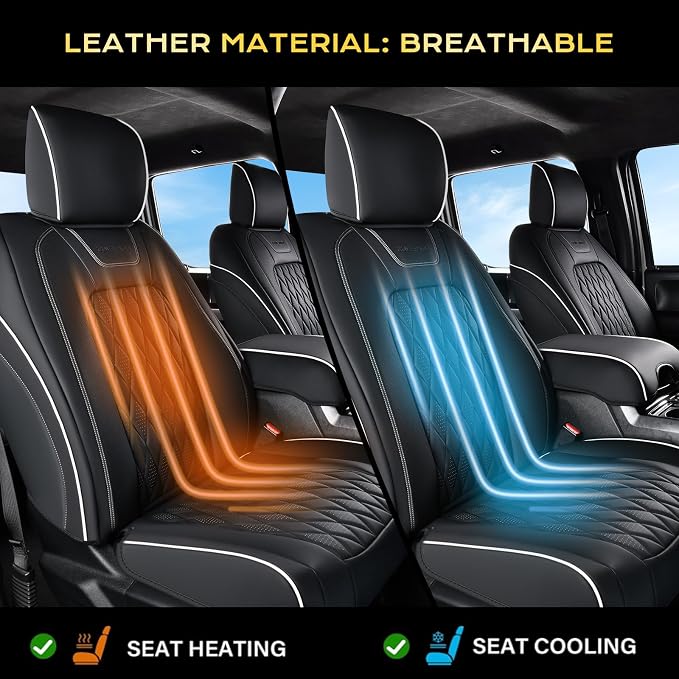 Coverado Premium Leather Full Set Seat Covers Waterproof Heavy-Duty Protectors Custom Fit for Ford F150 (2015-2026) F250/F350/F450 (2017-2026)-Black w/White Stitching, Wear-Resistant