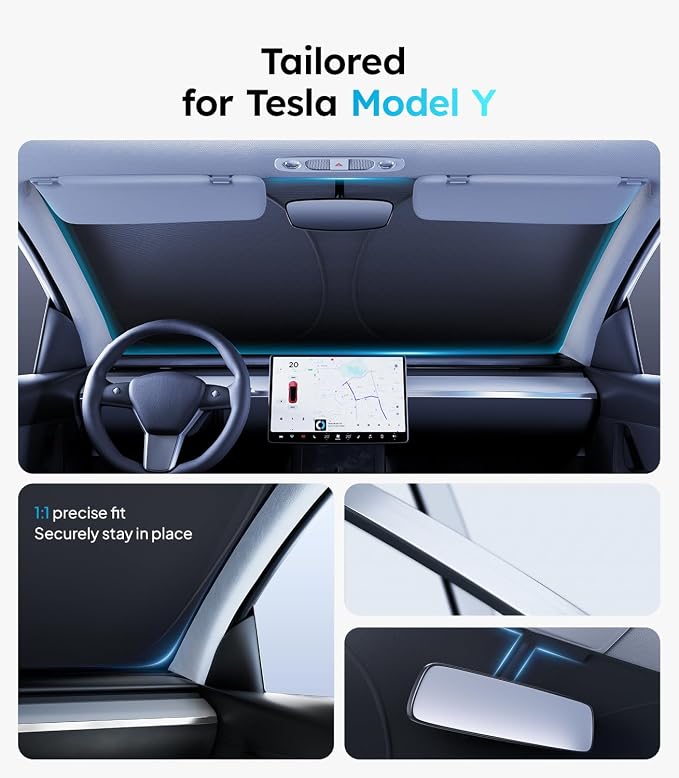 Wigoo Tesla New Model Y Accessories Windshield Sunshade [OEM Design, 100% Sun Blockage] Foldable Heat Insulation Sunshade with Storage Bag, for Model Y 2020~2026 (Juniper), Silver Coating
