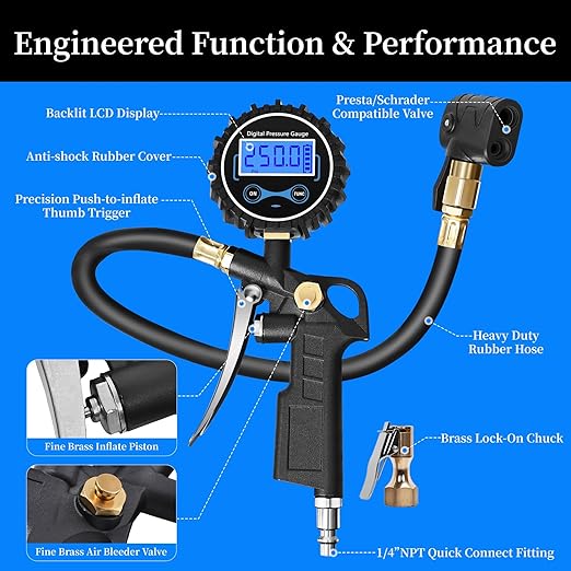 Digital Bike Tire Pressure Gauge, Presta Valve Adaptor, Schrader to Presta Valve Adapter for Air Compressor, Schrader Valve Adapter, Easiest Use Presta and Schrader Air Compressor Tool