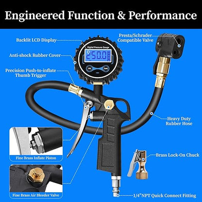 Digital Bike Tire Pressure Gauge, Presta Valve Adaptor, Schrader to Presta Valve Adapter for Air Compressor, Schrader Valve Adapter, Easiest Use Presta and Schrader Air Compressor Tool