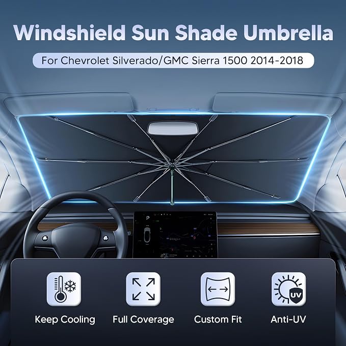Autorder Windshield Sun Shade Umbrella for 2014-2018 Chevrolet Chevy Silverado/GMC Sierra 1500 2500 3500 Accessories, Upgraded Ice Crystal Material, Umbrella Sunshade for Car Windshield Sun Blocking