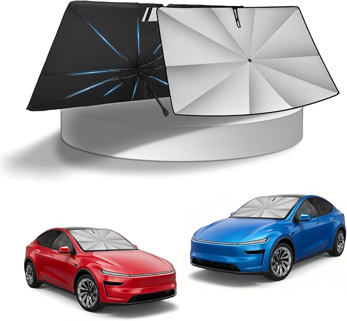 KUST Ice Crystal Sun Shade Umbrella for 2017-2026 Tesla Model Y/Juniper/Model 3/ Highland | Custom Fit Windshield Sunshade for Tesla | Foldable Sunshade with Bendable Handle | Blocks Heat & UV Rays