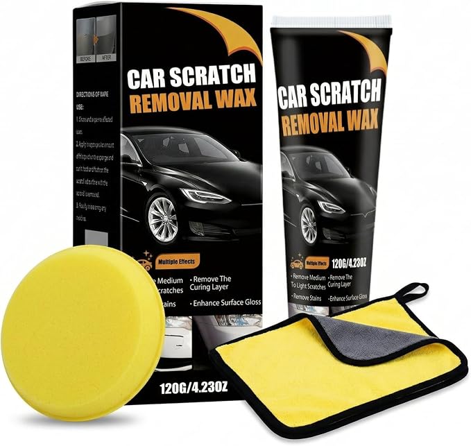 Car Scratch Remover Wax & Repair Paste - Erases Scuffs in 3 Seconds - Complete Kit with Sponge and Microfiber Cloth for Door Handle Scratches & Swirls - 120ml