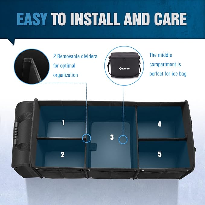 K KNODEL Extra Large Trunk Organizer With Cooler Bag, 3 Compartments Car Organizer, Heavy Duty SUV Trunk Organizer with 2 Adjustable Securing Straps (4-in-1, Black)