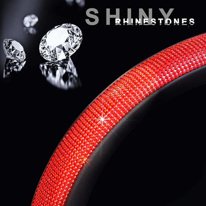 ChuLian New Diamond Leather Steering Wheel Cover with Bling Bling Crystal Rhinestones, Universal Fit 15 Inch Car Wheel Protector for Women Girls Red Diamond