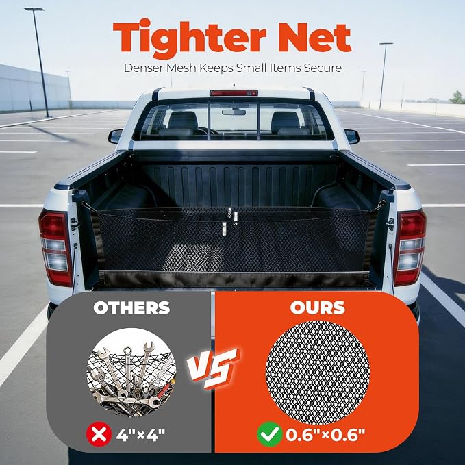 3-Layer Cargo Net for Toyota Tundra 2007-2026, Zoned Storage Truck Bed Net with Foldable Zippered Bottom Bag, Heavy-Duty Cargo Organizer Netting for Camping, Trips & Everyday Use