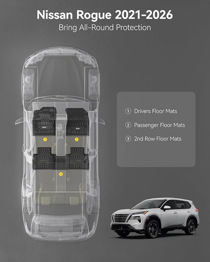 3W Floor Mats for 2021-2025 2026 Nissan Rogue Custom Fit TPE All Weather Rogue Floor Liner Full Set 1st & 2nd Row Car Mats - Black (NOT for Sport)