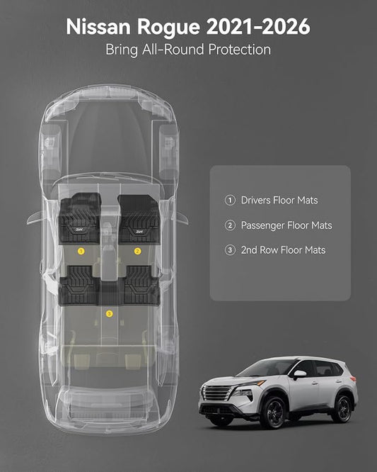 3W Floor Mats for 2021-2025 2026 Nissan Rogue Custom Fit TPE All Weather Rogue Floor Liner Full Set 1st & 2nd Row Car Mats - Black (NOT for Sport)