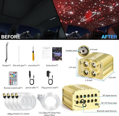 Car Starlight Headliner Kit, 4 Colors 32W Twinkle & Meteor Fiber Optic Shooting Stars Lights, 2 in 1 Light Engine 600pcs*0.03in*13.1ft+240 RGBW 4 Port Ceiling Starlights for Car Home Roof Décor