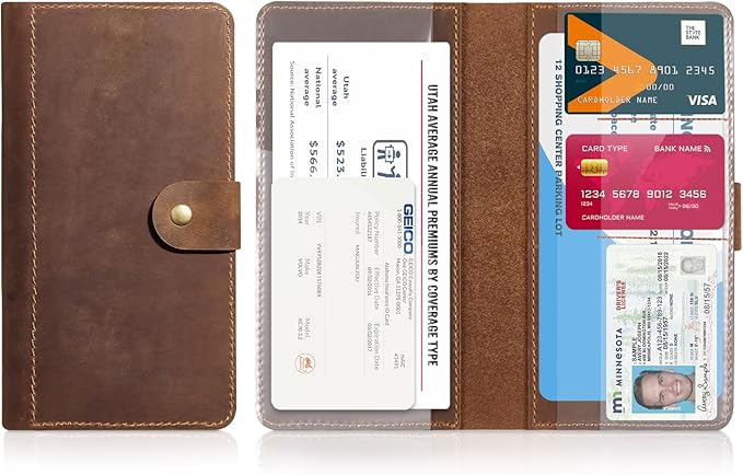CoBak Genuine Leather Car Registration and Insurance Holder–Luxury Vehicle Glove Box Organizer, Premium Auto Document Case with Magnetic Closure for License, Cards & Papers，Brown