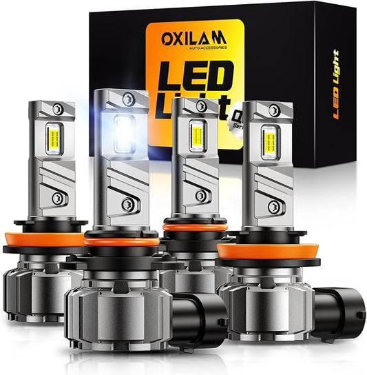 OXILAM H11 9005 LED Light Bulb Combo, 1000% Brighter 6500K White, Anti-Flicker, 20 Years Lifespan, Plug and Play, IP68, 9005 H11 Compatible with Cars Trucks SUVs, Pack of 4