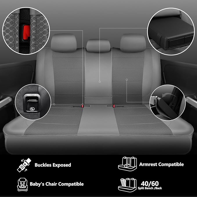 CAR PASS Leather Car Seat Covers Breathable Seat Cover Full Sets Airbag Compatible for Most Cars, SUVs, Trucks, and Vans (Full Set, Gray)