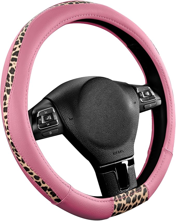 Road Comforts Steering Wheel Cover - Flat Bottom Wheel Cover Made with PVC Leather and Leopard Fabric - Universal Fit for 15-Inch D-Shaped Automotive Steering Wheels (Pink Color)
