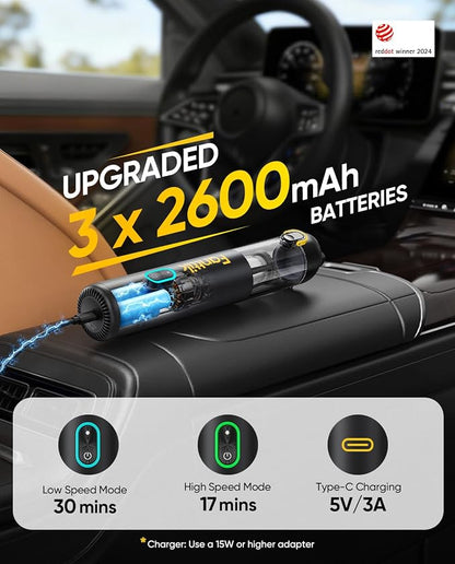 Fanttik V8 Mate Upgraded Cordless Car Vacuum, Portable Mini Vacuum with 13000pa Suction Power, 2 Suction Modes, Type-C Charge, Handheld Vacuum for Car, Small Tasks, Keyboards, Office Desk (Black)