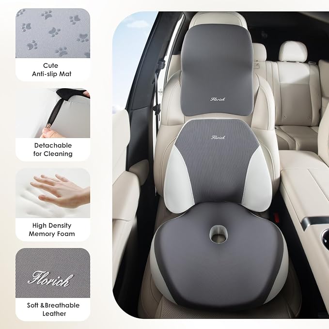 FLORICH Upgraded 3-in-1 Memory Foam Car Seat Cushion Set with Lumbar Support & Neck Pillow, Washable Driving Seat Cushion for Back & Sciatica Pain Relief, Non-Slip Seat Cushion for Car, Office-Gray