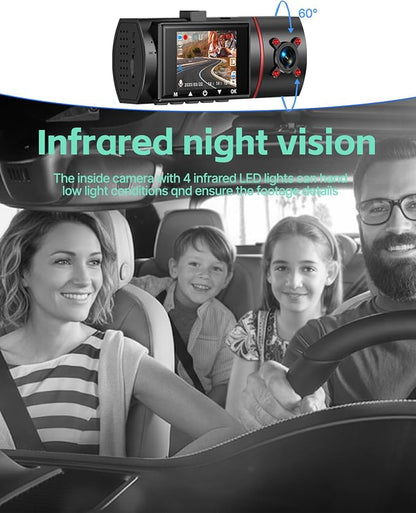 Dash Cam Front Rear and Inside, 3 Channel Dual Dash Camera for Cars W/ 64GB Card,1080P Dashcam Front with Night Vision,Loop Recording,G-Sensor,24H Park Monitor