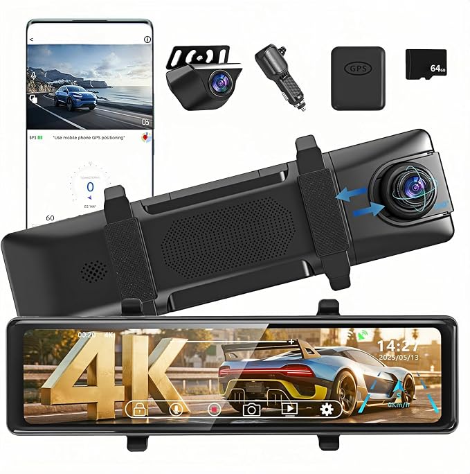 12" Rear View Mirror Camera 4K + 2K Mirror Dash Cam Front and Rear with STARVIS Night Vision Rearview Mirror Backup Camera, WDR, G-Sensor, Loop Recording, GPS, App, 64GB Card