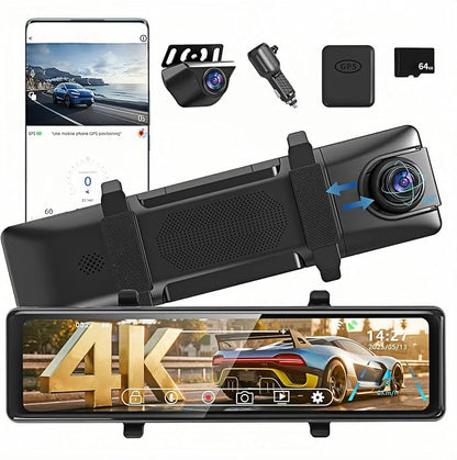 12" Rear View Mirror Camera 4K + 2K Mirror Dash Cam Front and Rear with STARVIS Night Vision Rearview Mirror Backup Camera, WDR, G-Sensor, Loop Recording, GPS, App, 64GB Card