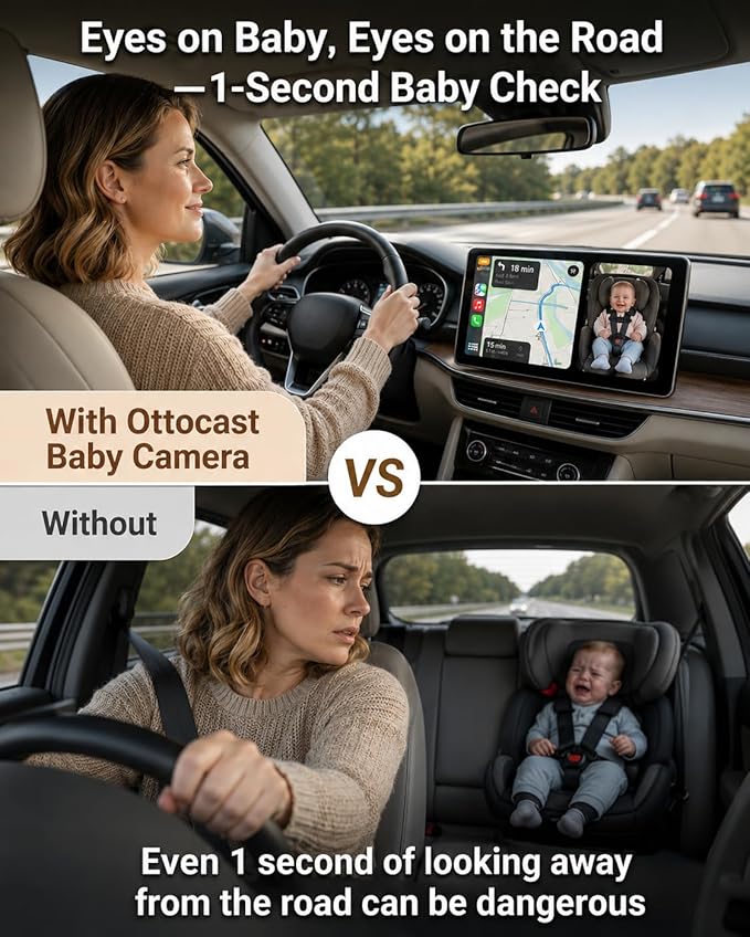 OTTOCAST Baby Car Camera 2026,Wireless CarPlay Adapter (No Android Support) | Display the Baby View on the Original Car Screen,Split Screen for Navigation & Baby Monitor,Wired CarPlay to Wireless