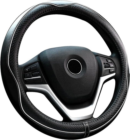 Valleycomfy Steering Wheel Covers Universal 15 inch - Genuine Leather, Breathable, Anti Slip & Odor Free (White Line, M(14" 1/2-15" 1/4))