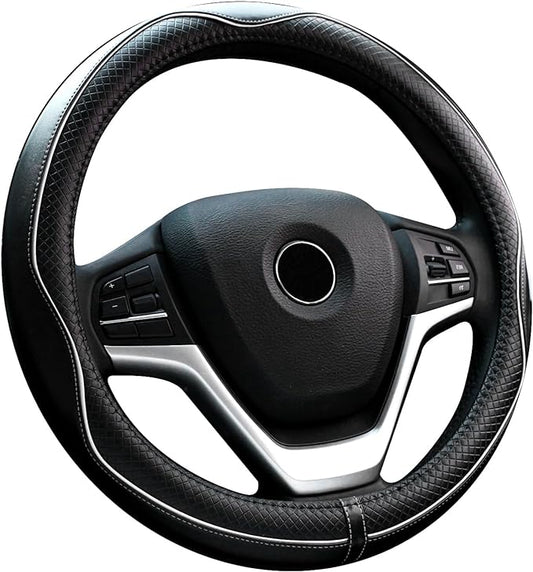 Valleycomfy Steering Wheel Covers Universal 15 inch - Genuine Leather, Breathable, Anti Slip & Odor Free (White Line, M(14" 1/2-15" 1/4))
