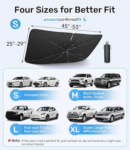 Zanch 2026 Upgraded Car Windshield Sun Shade [Cool Down by 75℉ ] with Heat Insulation Coating, Foldable Sunshade Umbrella with Flexible Handle & Ribs, Small (29''x53'') for Compact Cars, SUVs