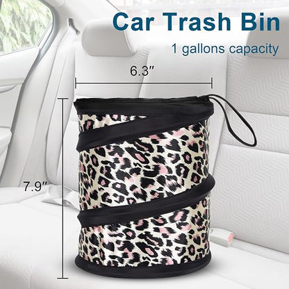 Car Trash Can, 2 Packs Mini Car Garbage Can, Collapsible Trash Bin | Pop-Up Trash Can for Front Back Seat, Portable Trash Bag Hanging for Vehicle SUV Rv Truck Accessories Interior, Leopard Print