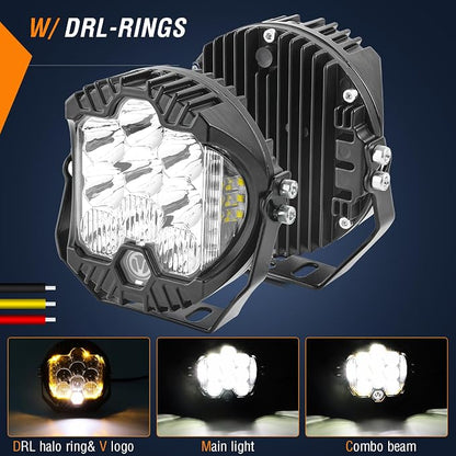 AUTOXBERT 5 Inch Round LED Offroad Lights, 50W Side Shooter Pods Spot Flood Combo Beam Fog Driving Lights for for Pickup Trucks SUV UTV ATV 4x4, 2Pcs