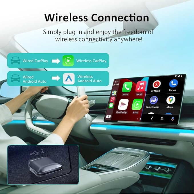 OneCarStereo Wireless CarPlay Adapter, Android Auto Wireless Adapter for iPhone & Android, Plug & Play, Fast Auto Reconnect, Convert Wired CarPlay to Wireless, for Cars with Factory Wired CarPlay