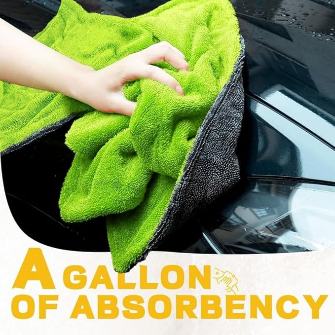 1200GSM Microfiber Car Drying Towel, Double-Twist Loop, Ultra-Absorbent, Quick-Dry, Lint- & Streak-Free, Scratch-Safe, for Car Wash & Detailing (1 Pack) (Dark Grey & Green, 24" x 36")