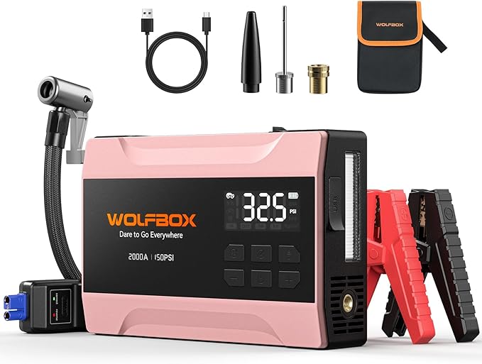 WOLFBOX 2000A Jump Starter with Air Compressor, 37Wh Car Battery Booster Jumper Starter Portable(up to 5L Gas Engine), 12V Jump Box Pack with 150PSI Tire Inflator, Jumper Cables, LED Light — Rose Gold