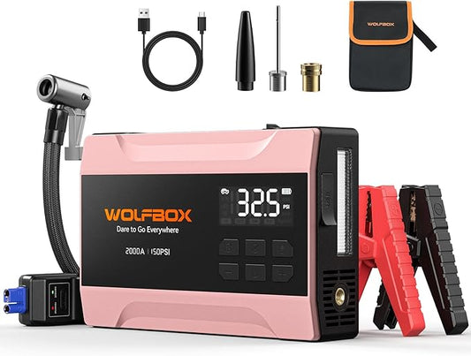 WOLFBOX 2000A Jump Starter with Air Compressor, 37Wh Car Battery Booster Jumper Starter Portable(up to 5L Gas Engine), 12V Jump Box Pack with 150PSI Tire Inflator, Jumper Cables, LED Light — Rose Gold