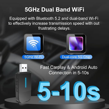 2025-New-Wireless-CarPlay-Adapter for Cars with Wired CarPlay/Android Auto 2 in 1,Instant Auto-Connect 5.8GHz WiFi USB/Type-C Plug and Play Compatible with iOS 10+ & iPhone 6+