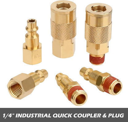 Hromee Air Hose Fittings 1/4 Inch NPT Brass Quick Connect Coupler and Plug, 20 Pieces Air Compressor Accessory Kit with Blow Gun and Tire Gauge