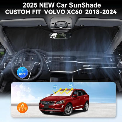 Custom Fit XC60 Windshield Sunshade for 2018 2019-2024 2025 2026 Volvo XC60 SUV Accessories Front Window Shield 210T Silver Coating Cover for Windshield Sun Visor Protector Blocks UV Keep Car Cool