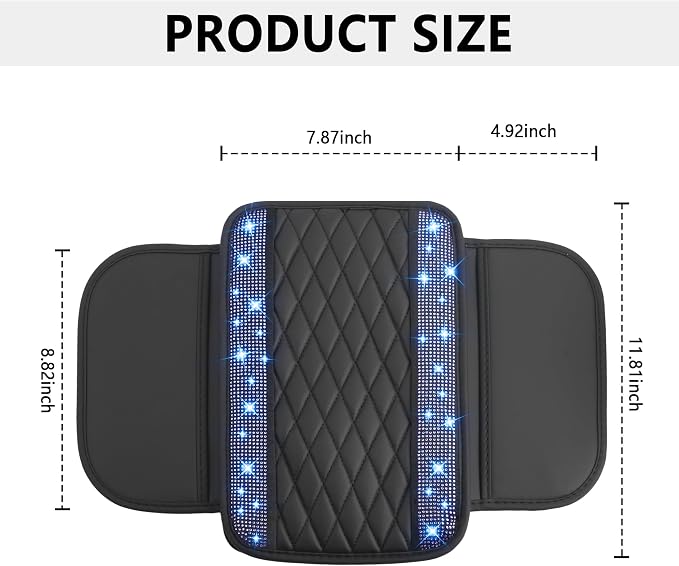 Stacool Upgraded Car Center Console Cover with Rhinestones,Microfiber Leather Car Armrest Cover Cushion with 2 Storage Bags,Universal Cars Armrest Storage Box as Cars Interior Accessories