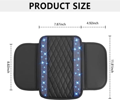 Stacool Upgraded Car Center Console Cover with Rhinestones,Microfiber Leather Car Armrest Cover Cushion with 2 Storage Bags,Universal Cars Armrest Storage Box as Cars Interior Accessories